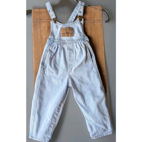 Vintage Baby GUESS Overalls Leather Patch Clip Size 2Y Y2K 90s 80s Denim - Picture 1 of 16